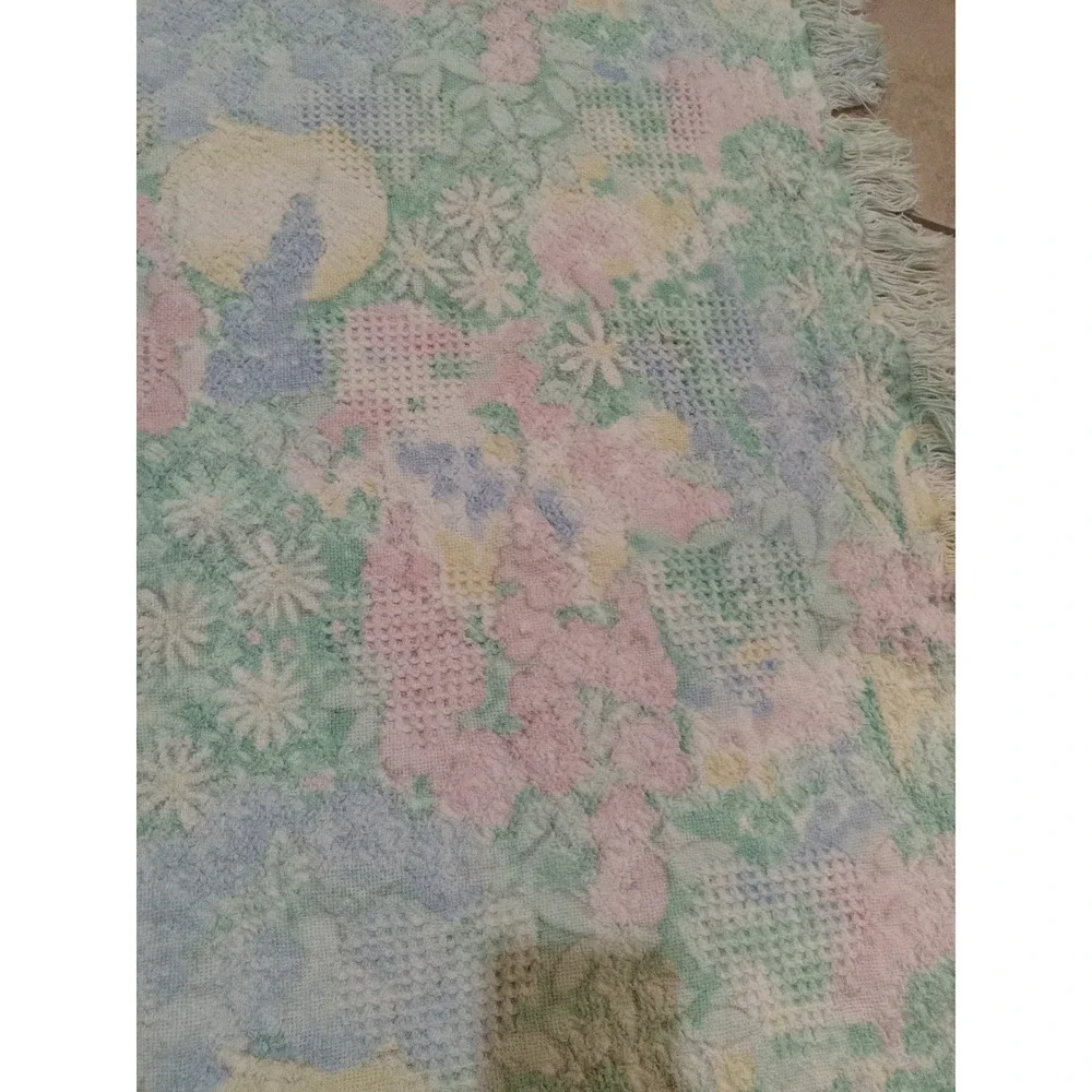 Vintage Pastel Floral Woven Tapestry Throw Blanket Fringed Cottagecore
